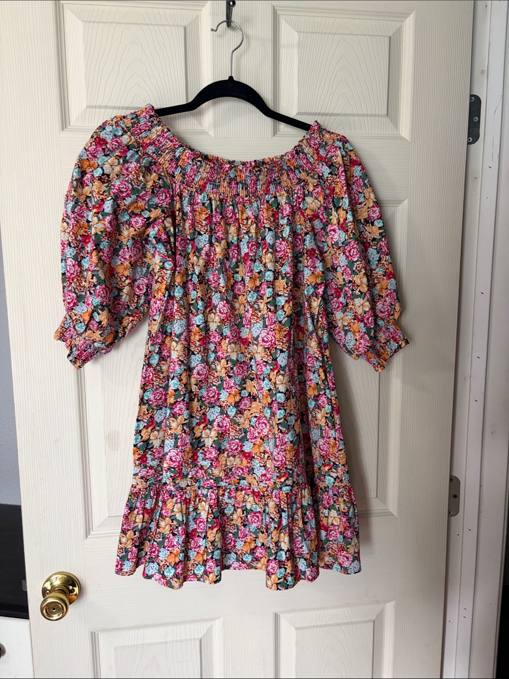 Anthropologie Floral Off-Shoulder Dress in Pink and Teal